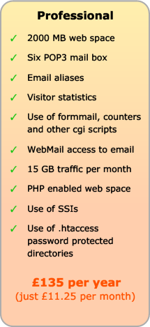 Professional Web Hosting includes 2Gb web space, up to Six POP3 mail boxes, email aliases, visitor statistics, use of formmail etc, WebMail and 5Gb traffic, plus PHP, SSI and .htaccess and out of hours technical support